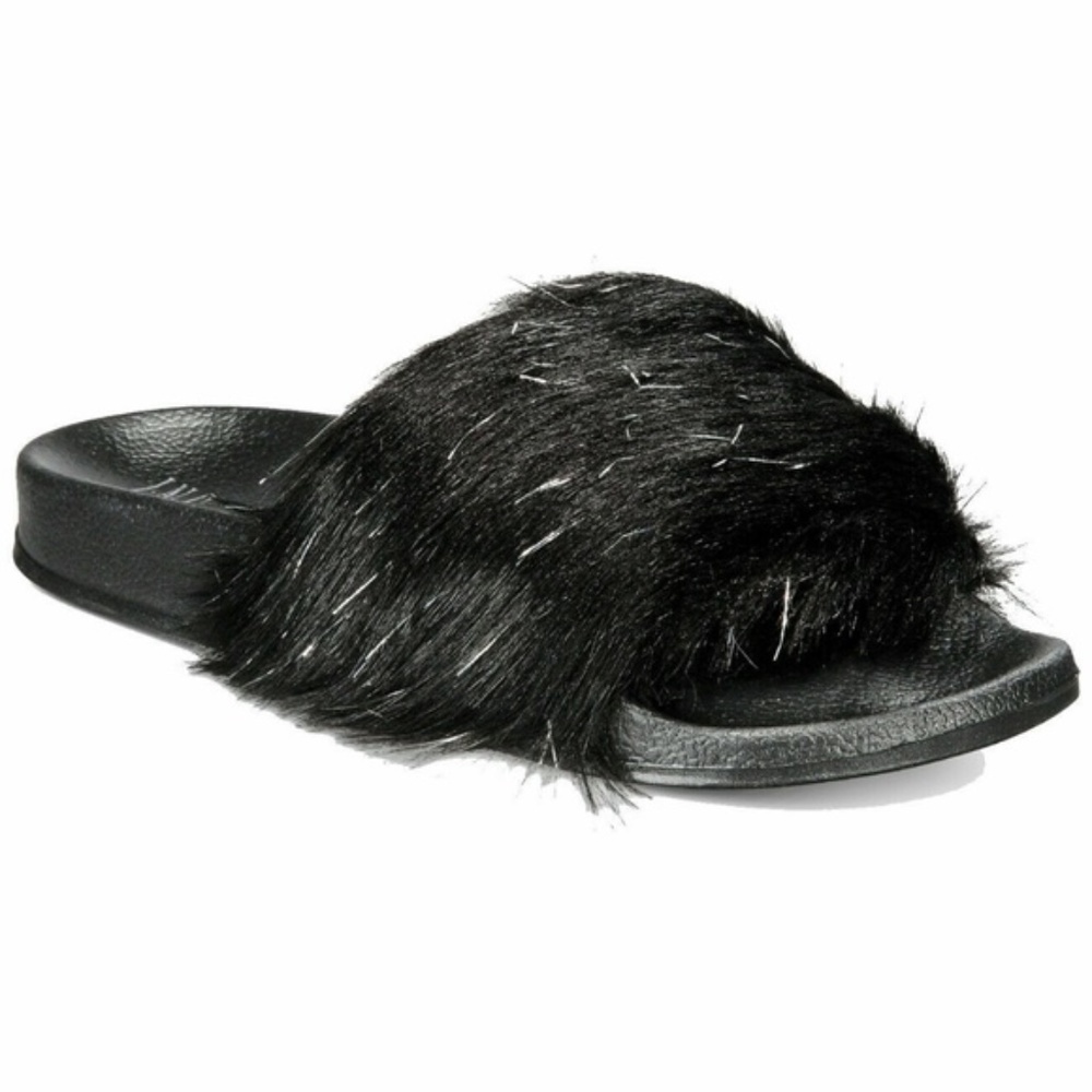INC Metallic Faux Fur Slide Slippers Black